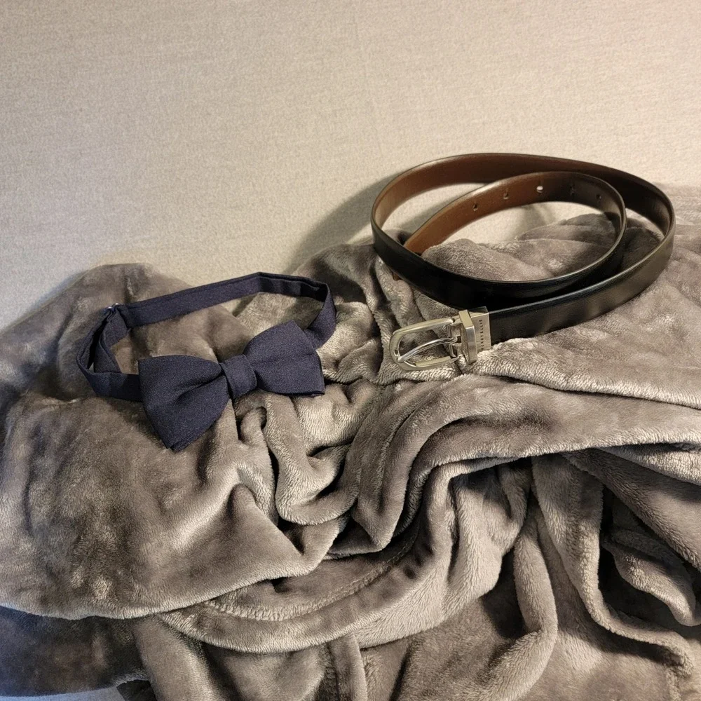 Perry Ellis Belt & Bow Tie Set Mens 32 Black Brown Excellent Reversible Rotating